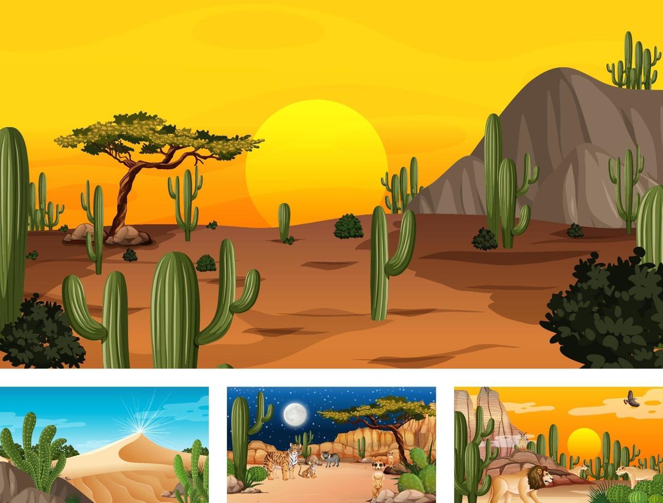 Four different desert forest landscape scenes with animals and plants vector