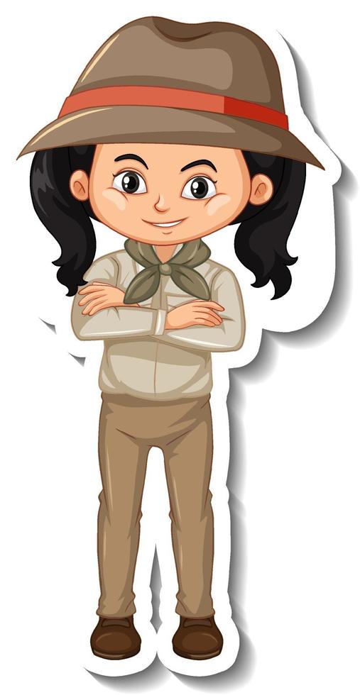 Girl in safari outfit cartoon character sticker vector