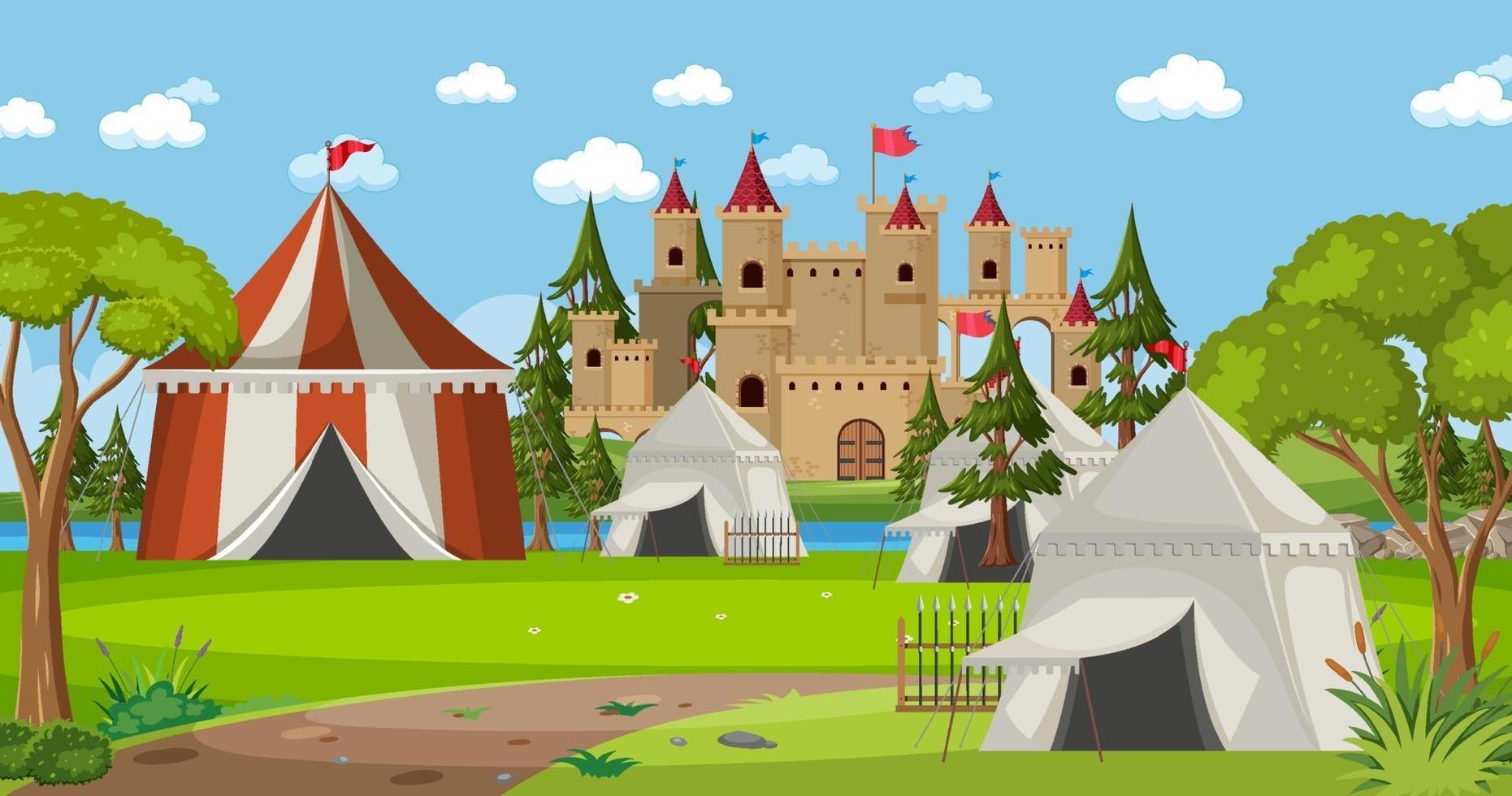 Campamento militar medieval con carpas y castillo. vector