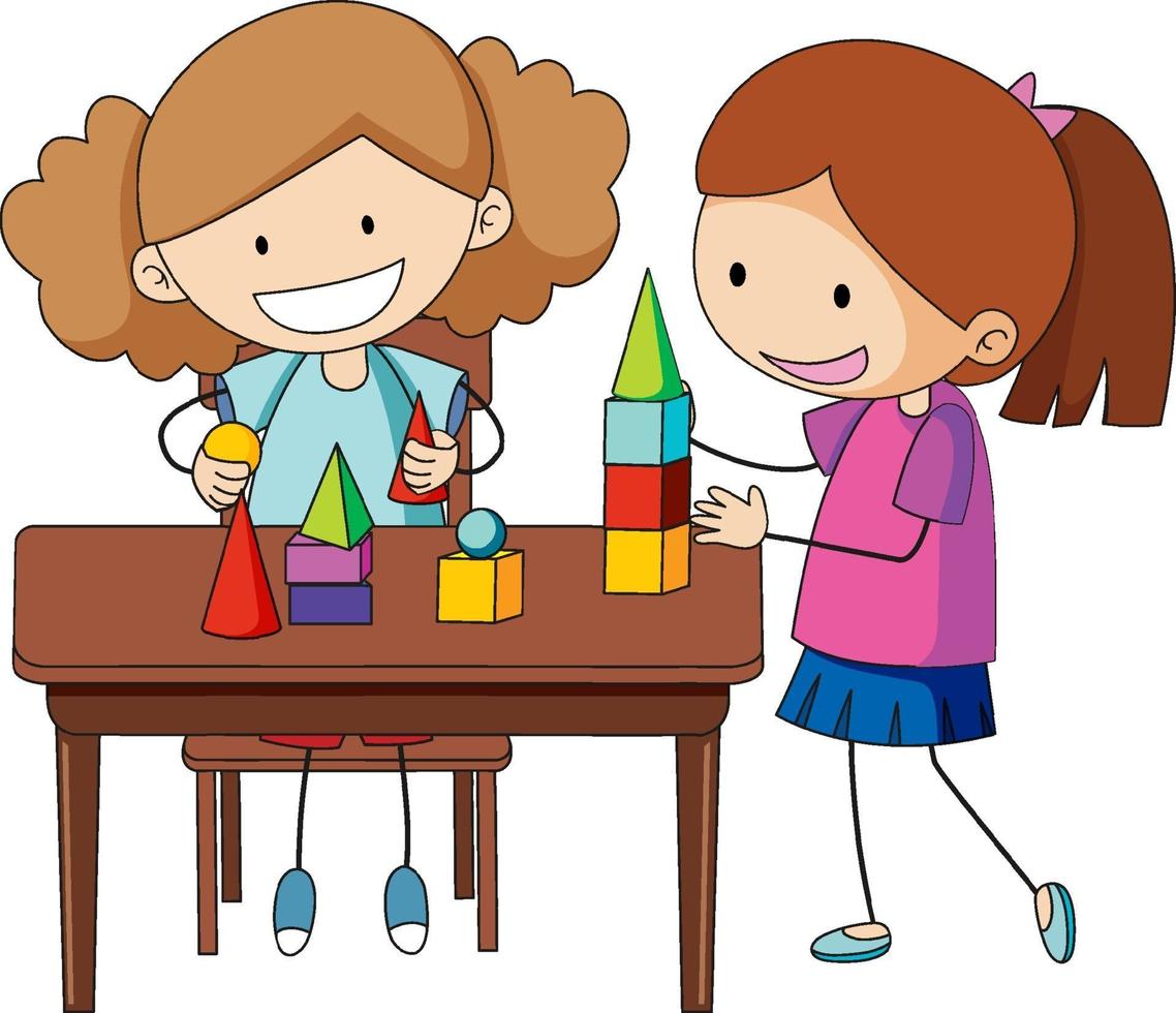 un niño doodle jugando juguete en la mesa personaje de dibujos animados aislado vector