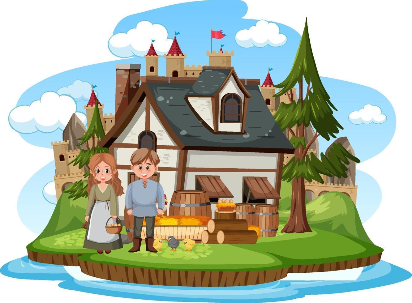 Medieval house with villagers vector