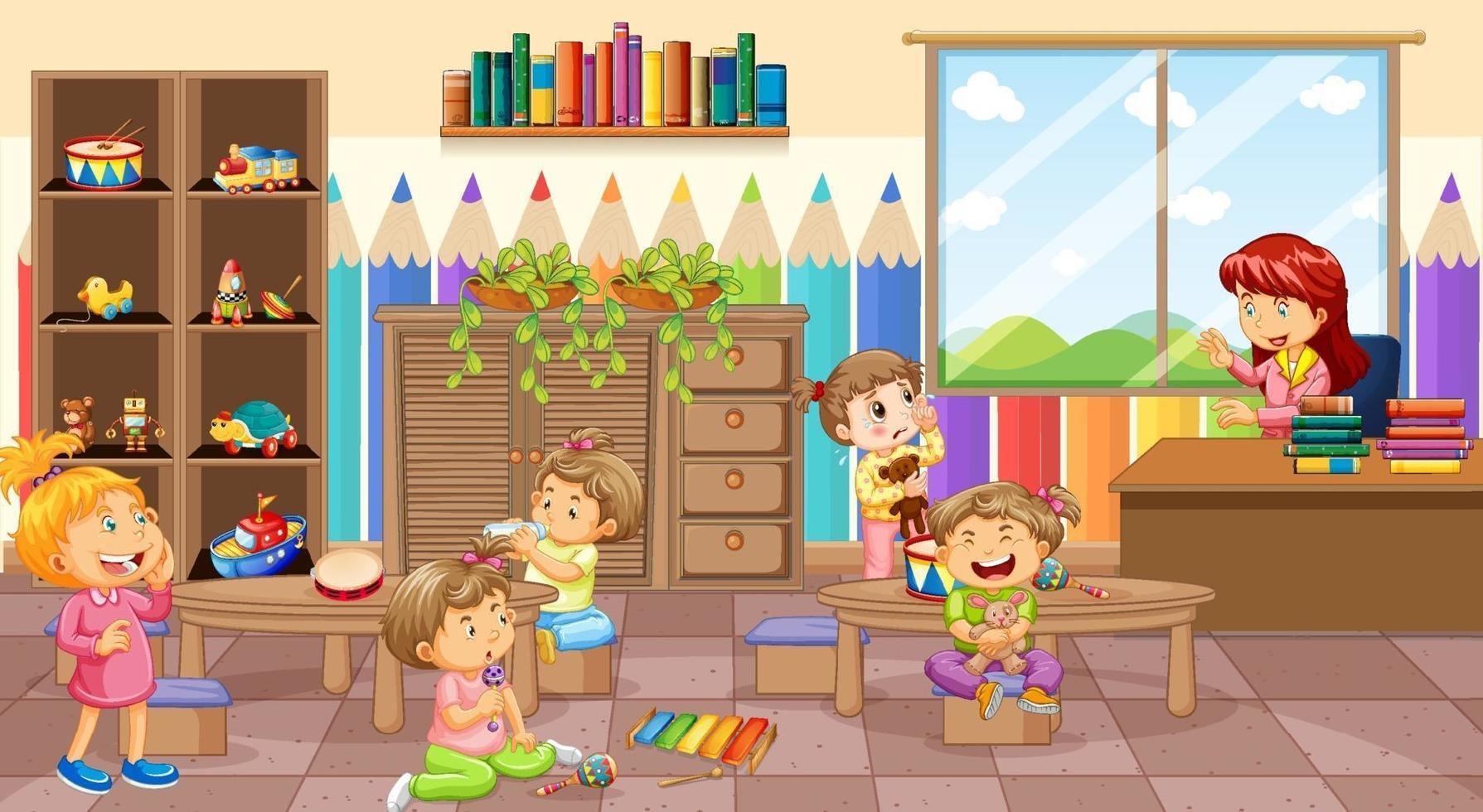 Nursery room scene with a teacher and many kids vector