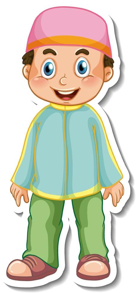 A sticker template with Muslim boy in standing pose cartoon character vector