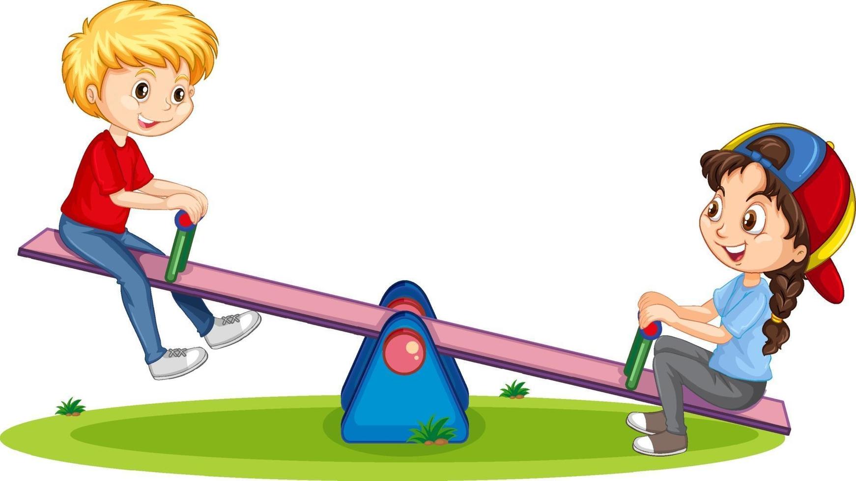 Cartoon character boy and girl playing seesaw on white background vector