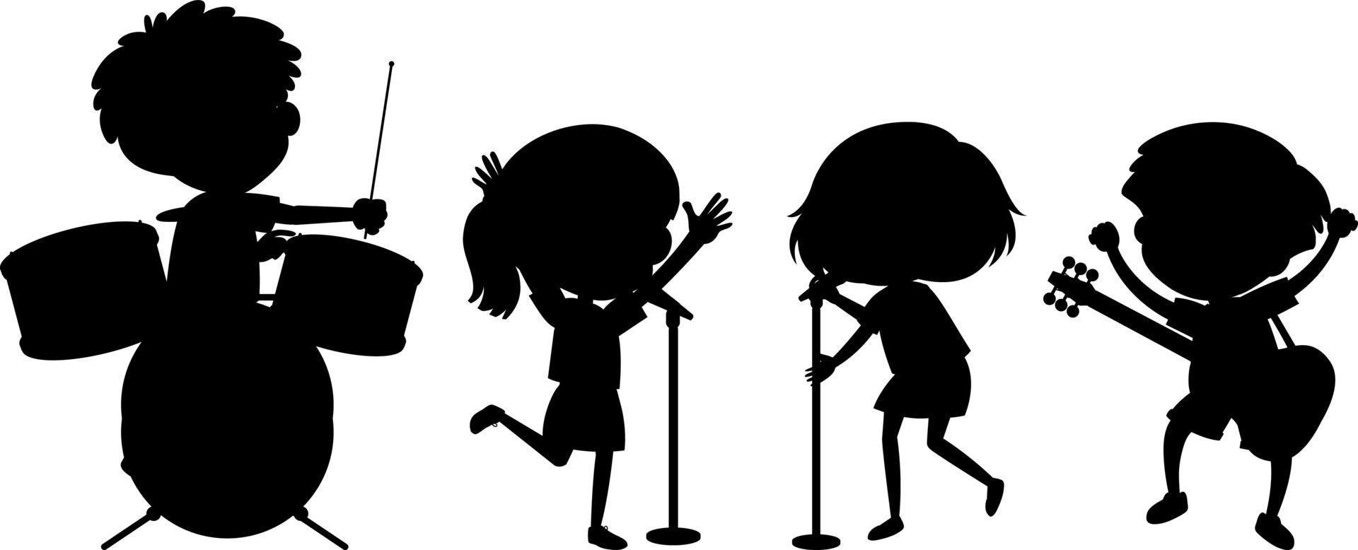 Set of different kids playing musical instruments silhouette vector