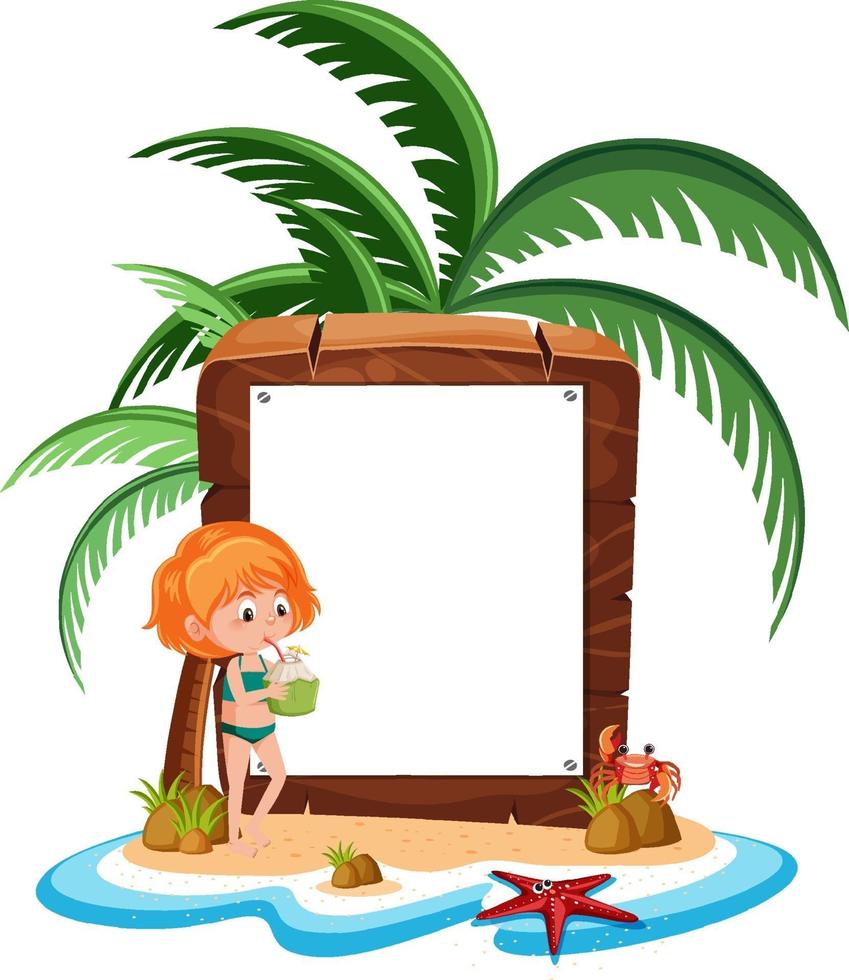 Empty banner with a girl on vacation at the beach on white background vector