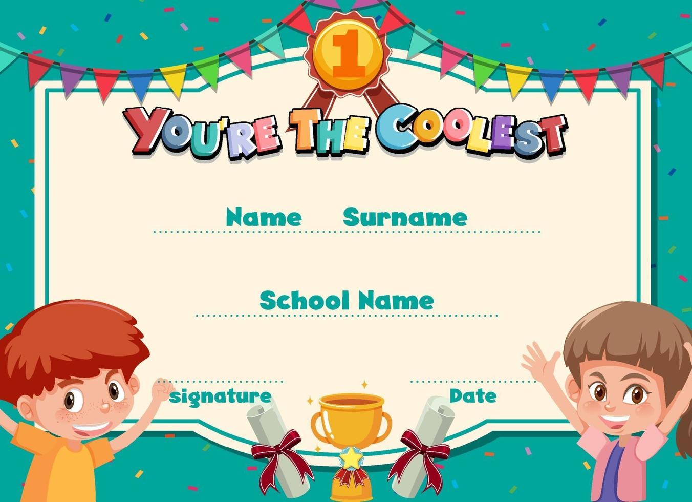 Cute motivational cartoon certificate for children vector