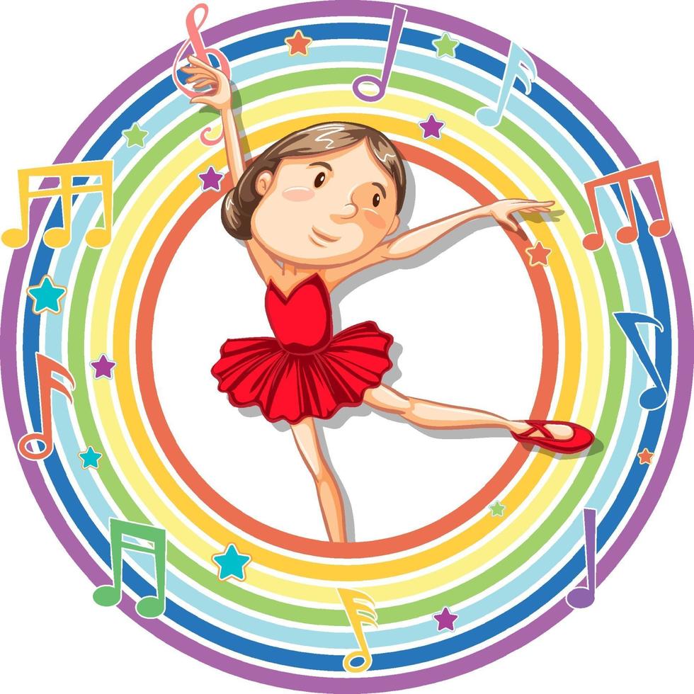 Ballerina in rainbow round frame with melody symbols vector