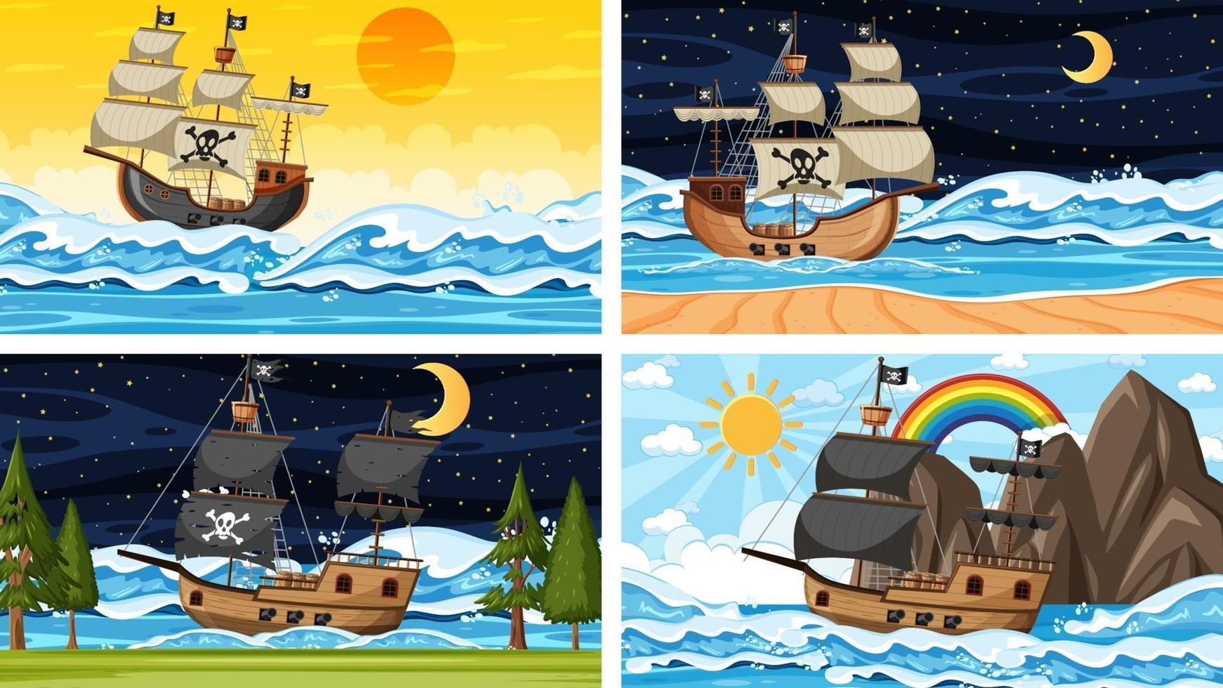 escenas oceánicas con barco pirata en diferentes momentos. vector