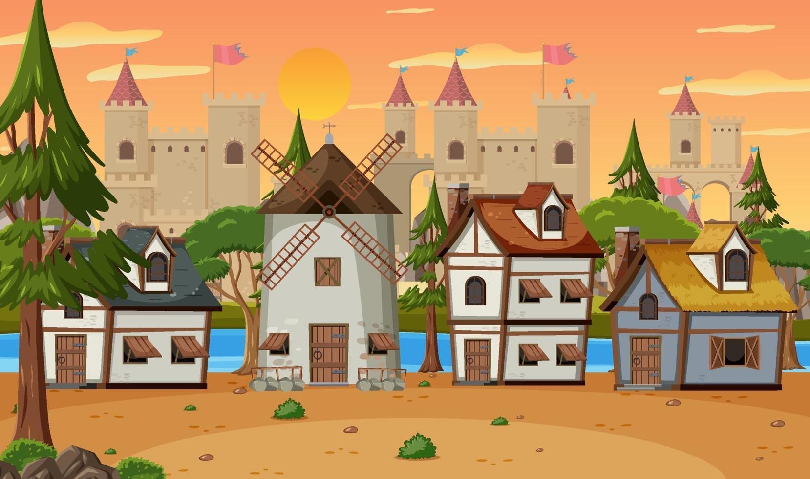 Escena de pueblo medieval con molino de viento y casas. vector