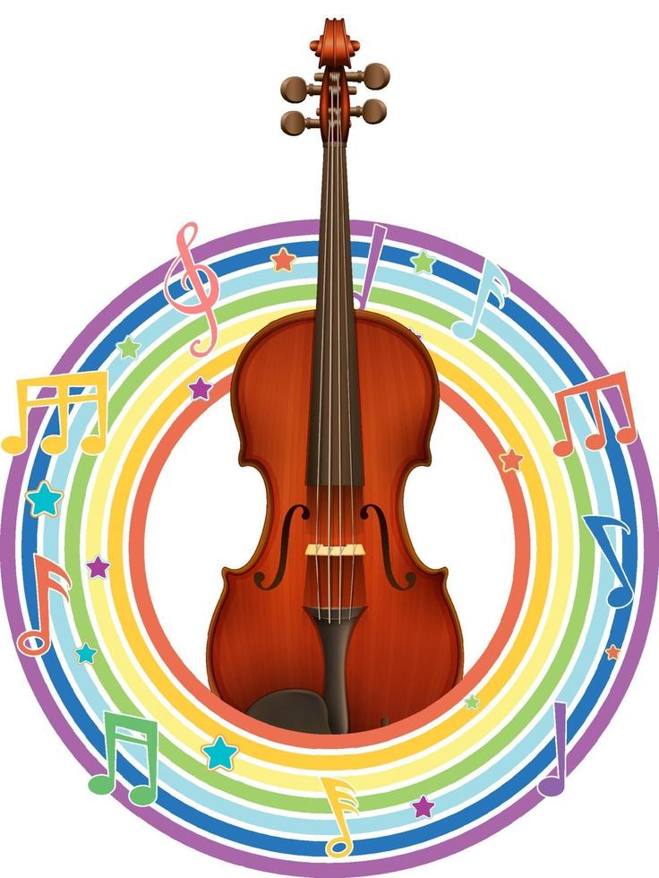 violín en marco redondo arco iris con símbolos de melodía vector