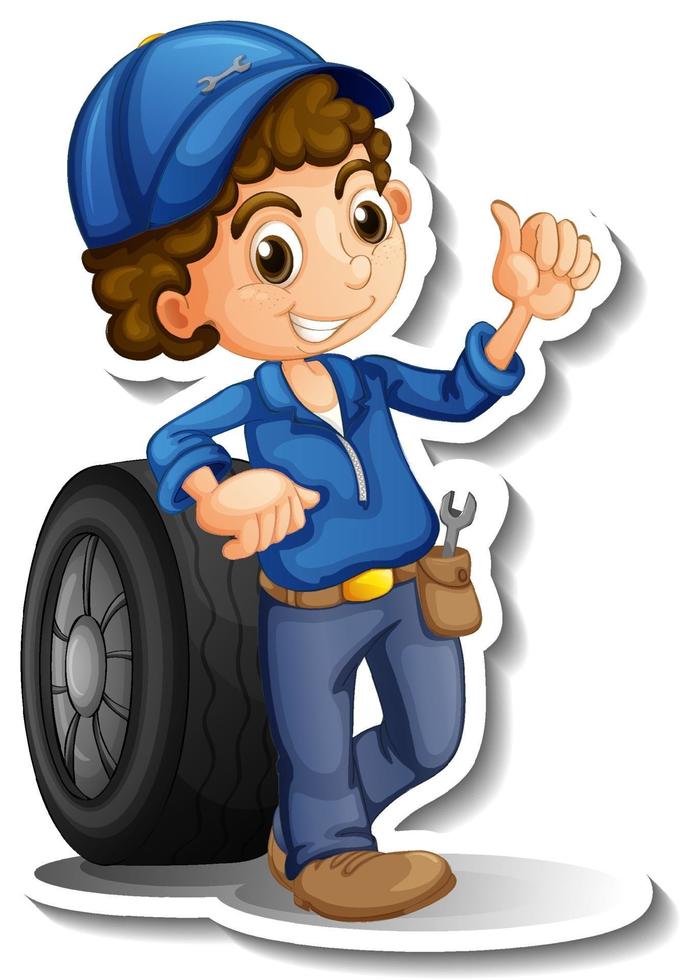 Sticker design with auto mechanic cartoon character vector