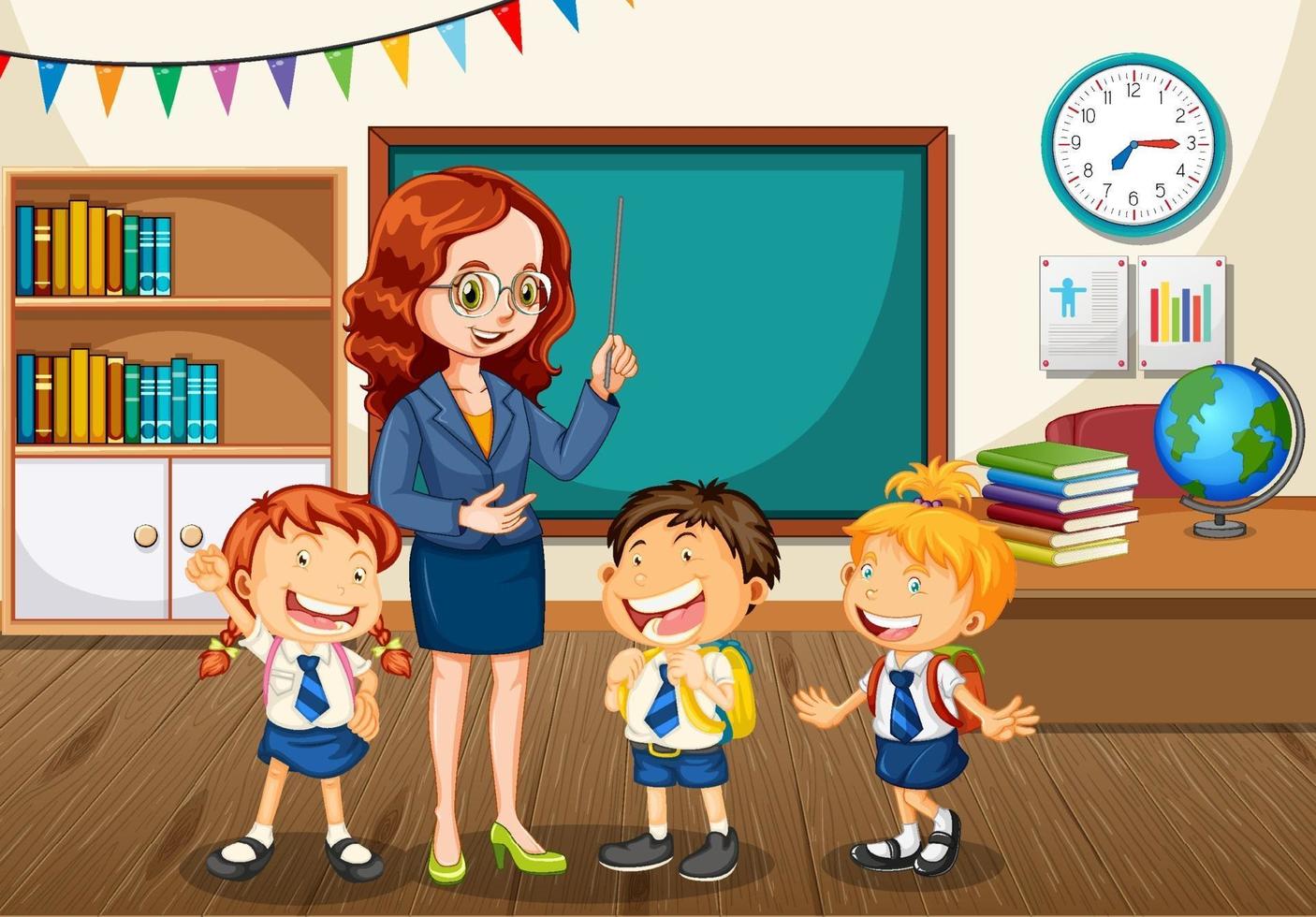 Teacher talking with students in the classroom scene vector