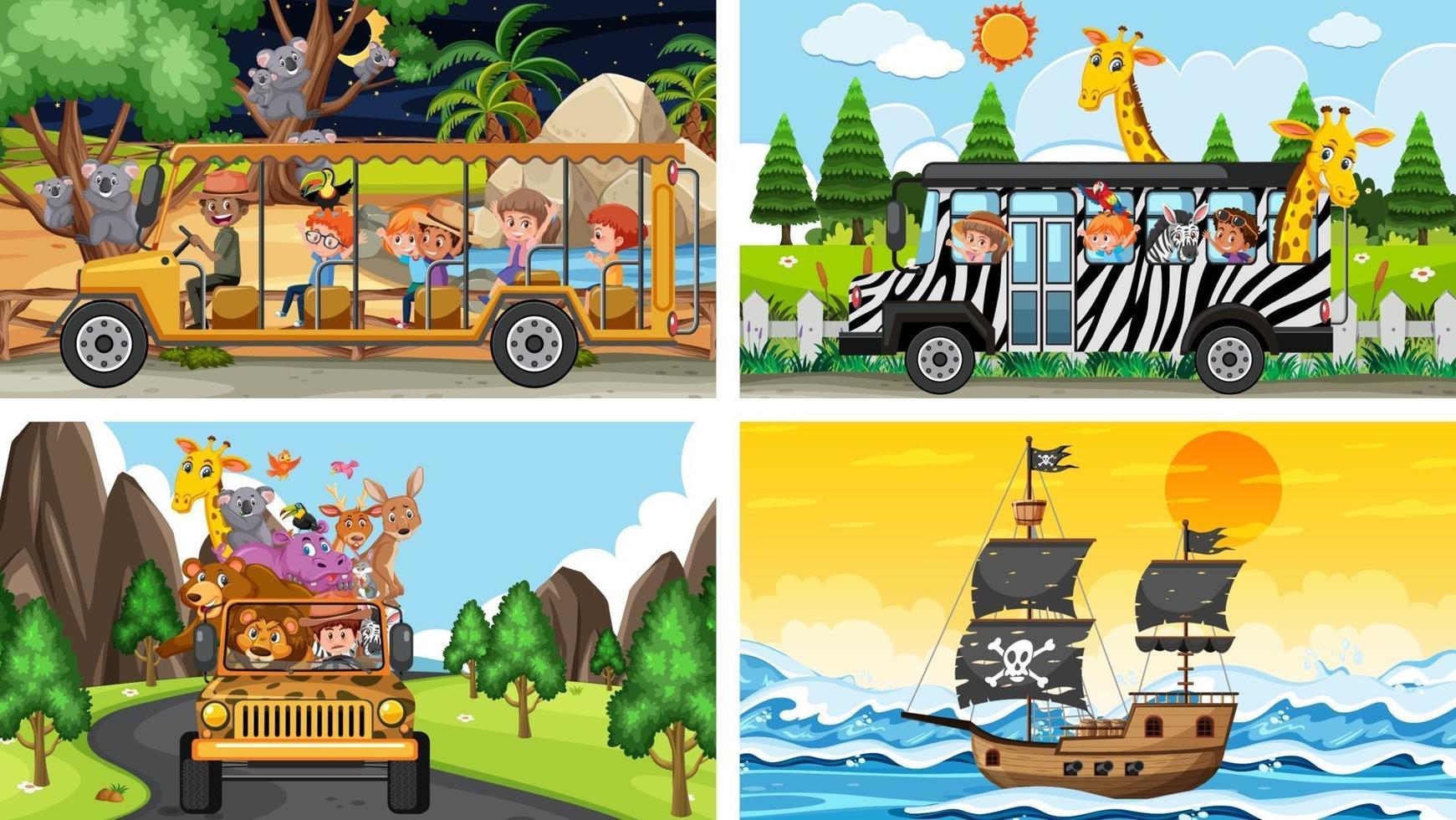 Different scenes with animals in the zoo and pirate ship at the sea vector