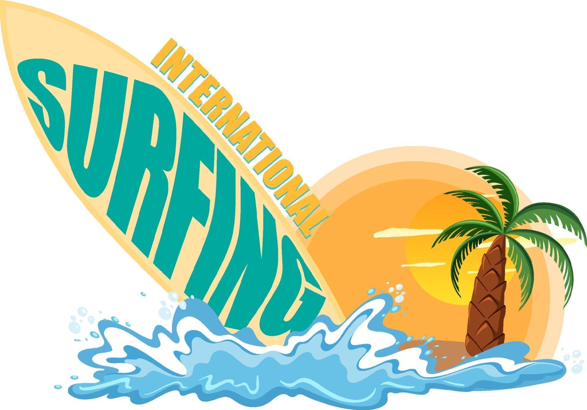 International Surfing Day banner with surfboard and beach elements