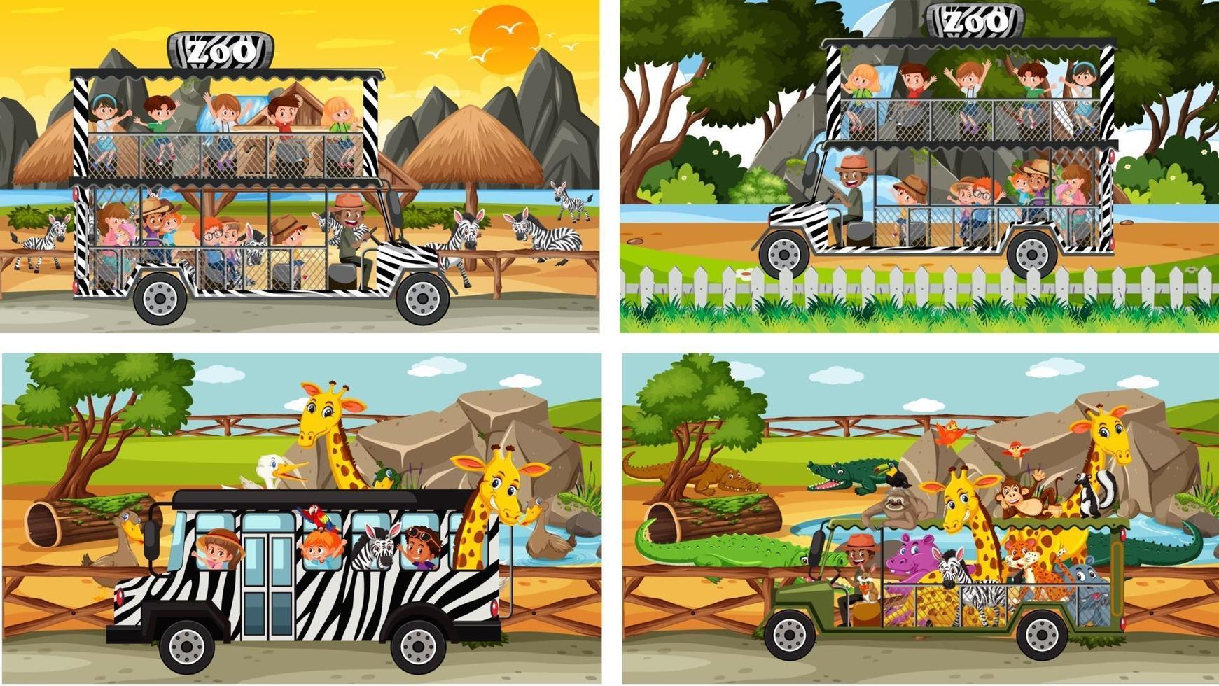 Set of different safari scenes with animals and kids cartoon character vector