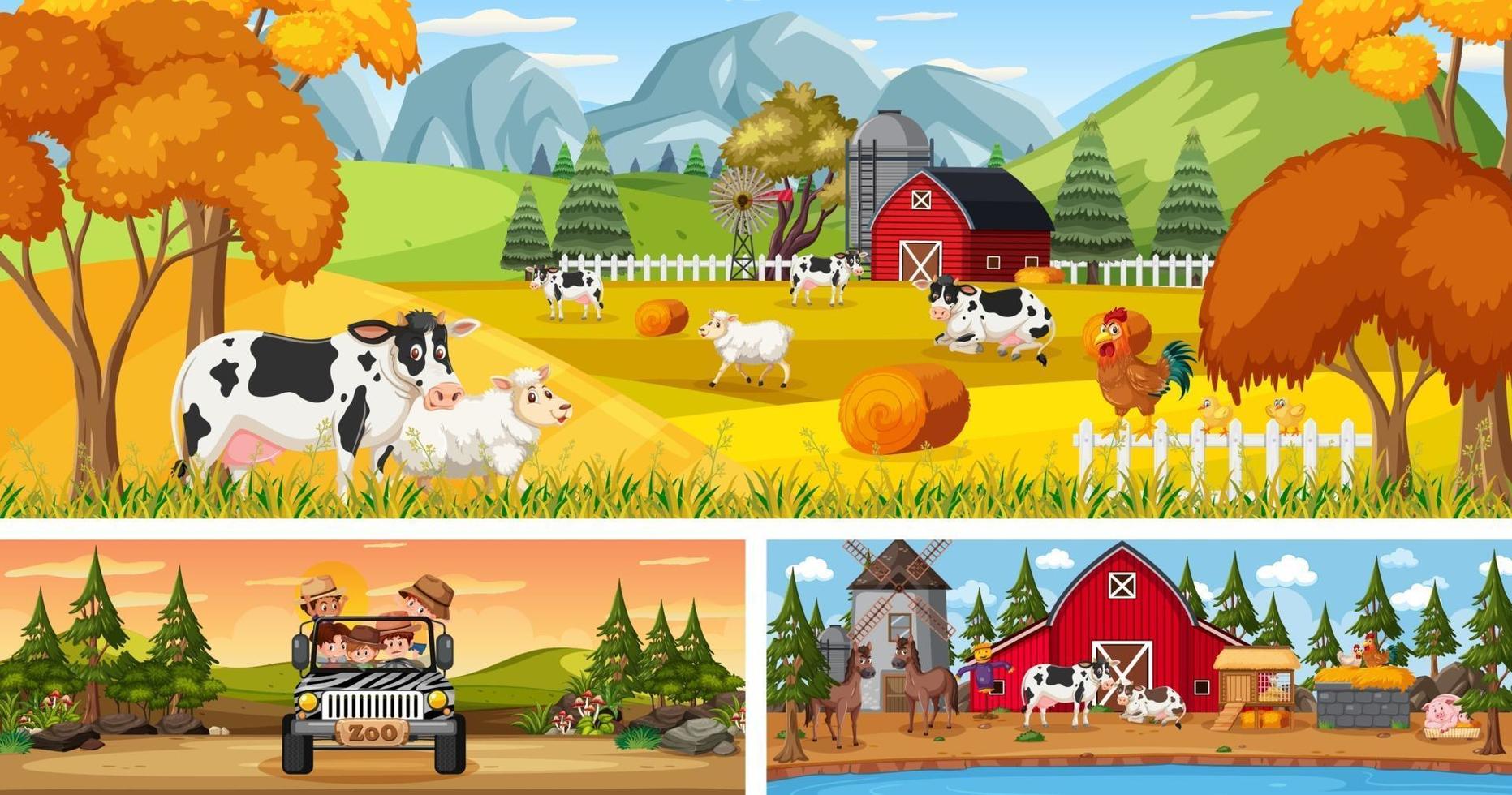 Outdoor panoramic landscape scenes set with cartoon character vector