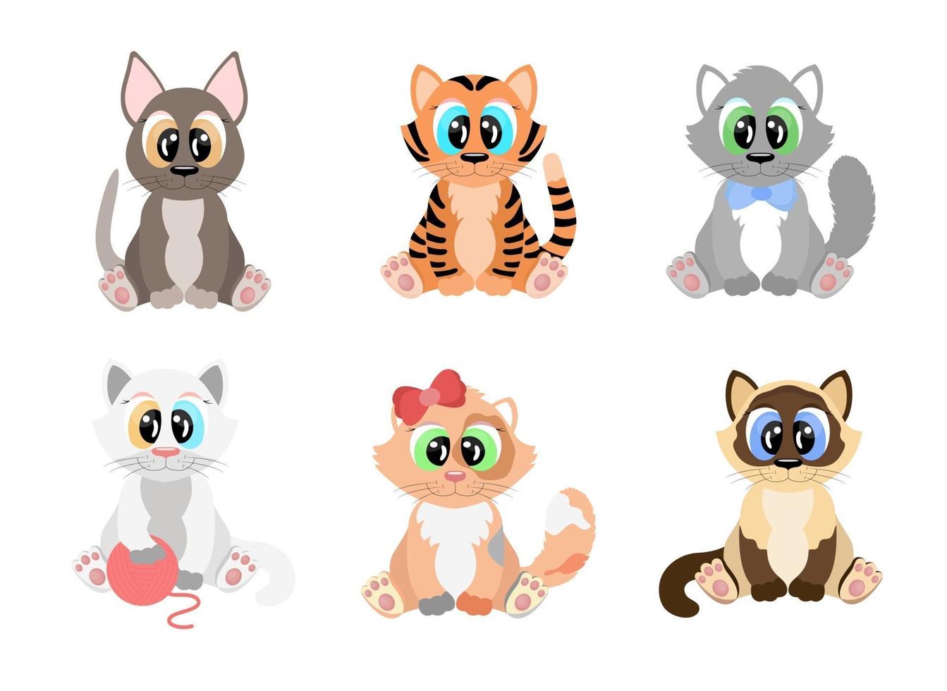 Cartoon cats set. Cute kittens of different breeds with big eyes vector