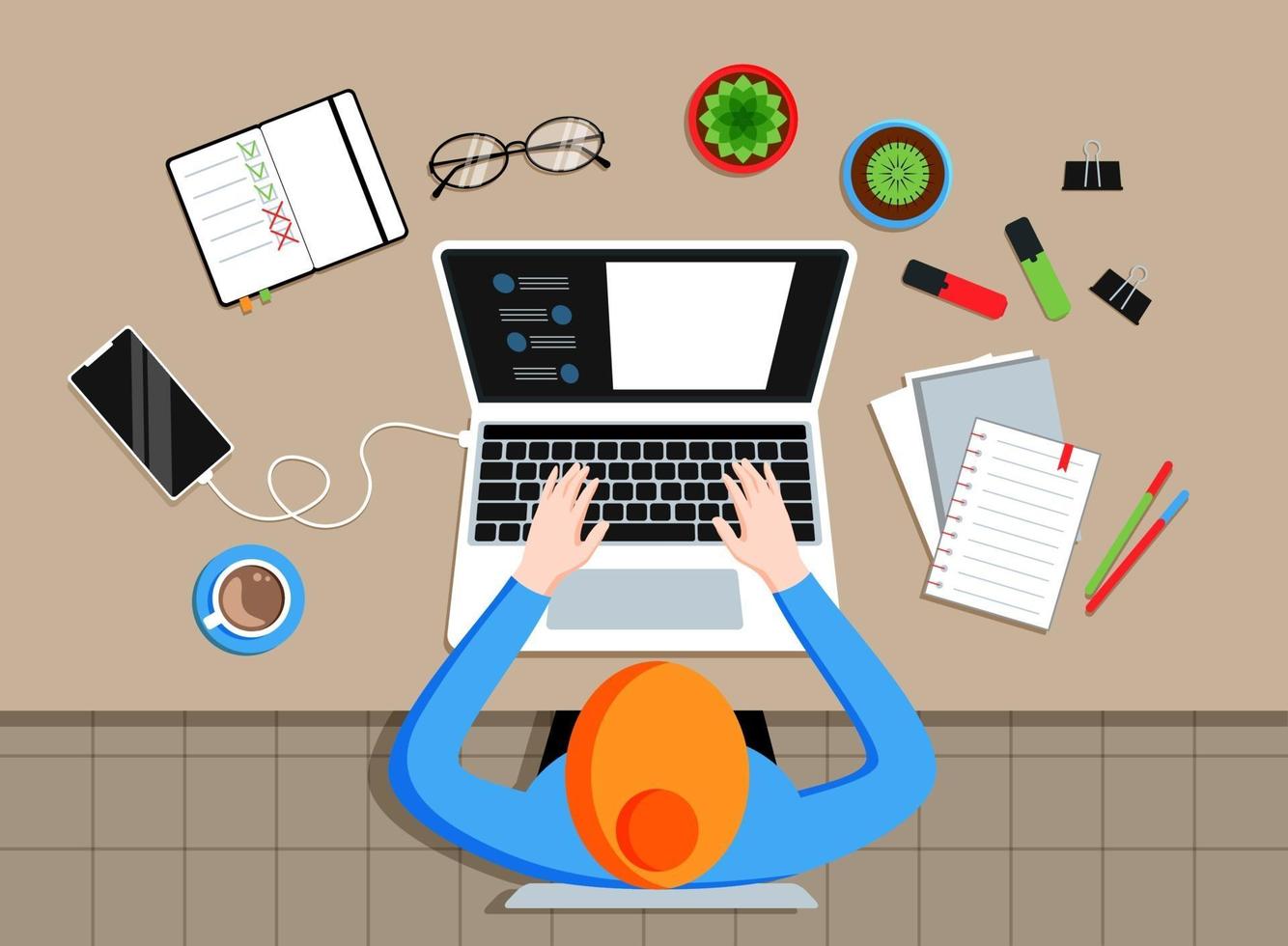 Top view workplace concept. Vector flat illustration.