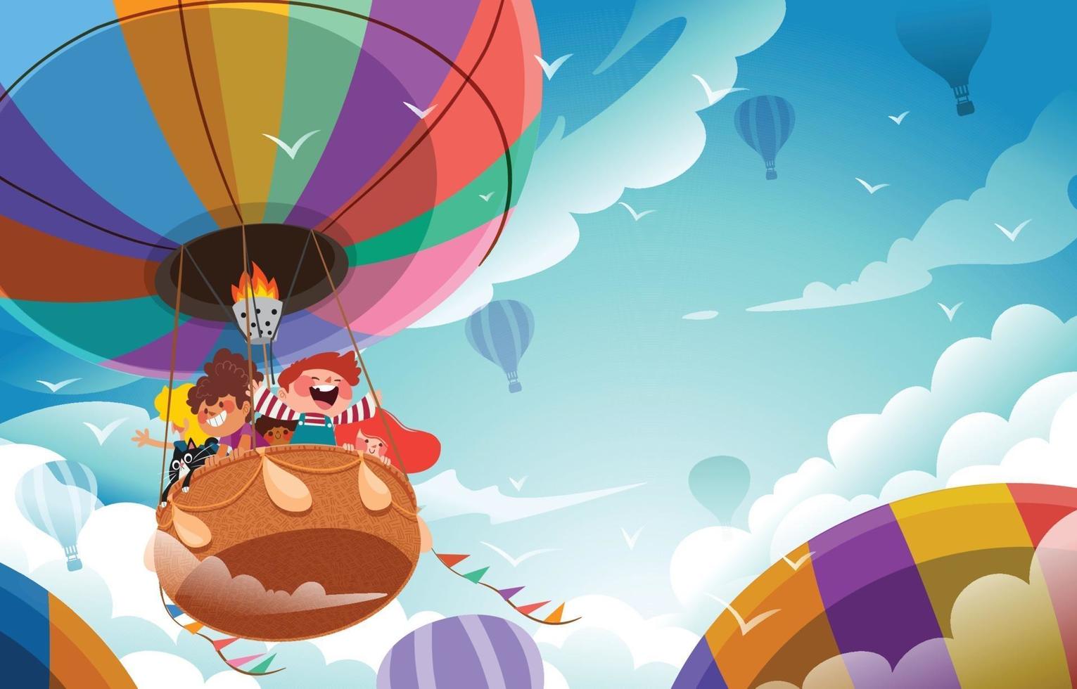 Fondo feliz del día del niño con aventura en globo aerostático. vector