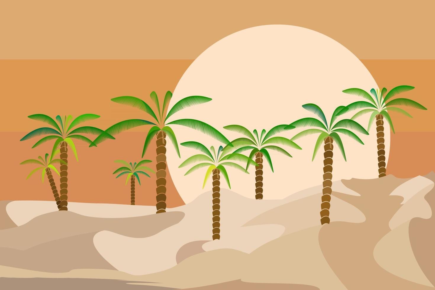 Desert landscape with palm trees and sun setting on the horizon. Flat vector illustration