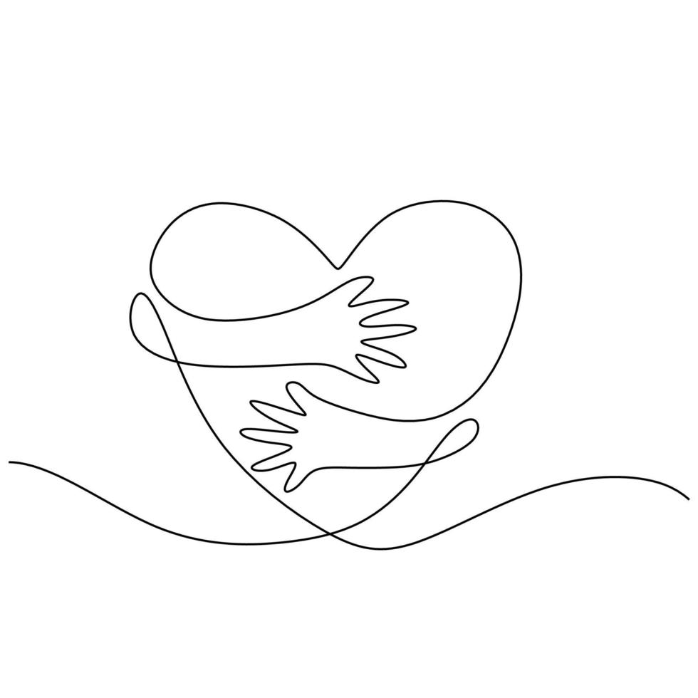 símbolo del corazón con dibujo de línea de abrazo de mano vector