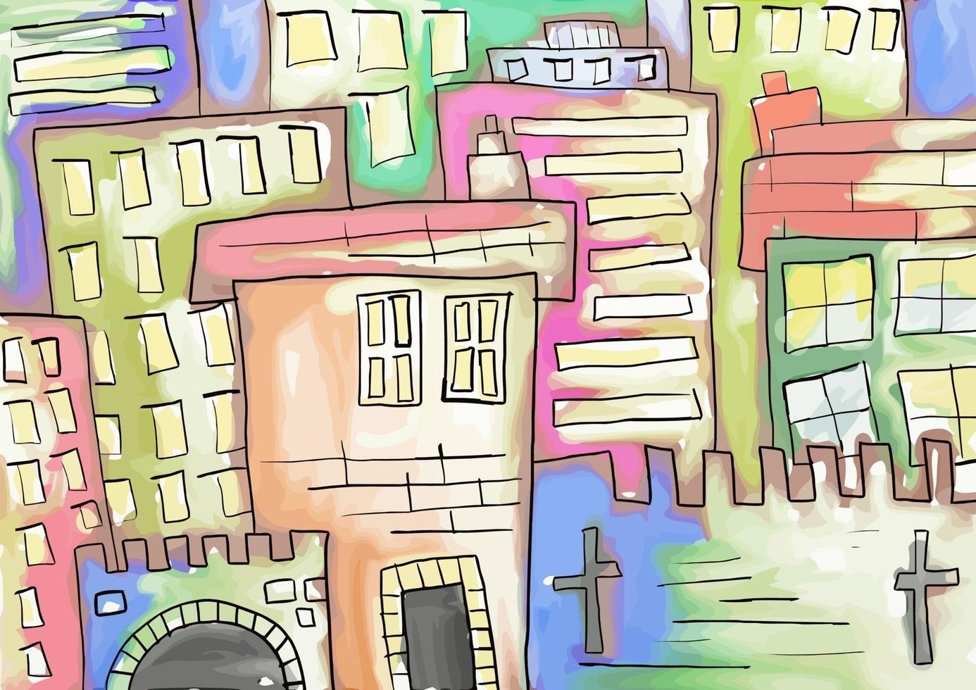 Watercolor Old Town Painting vector