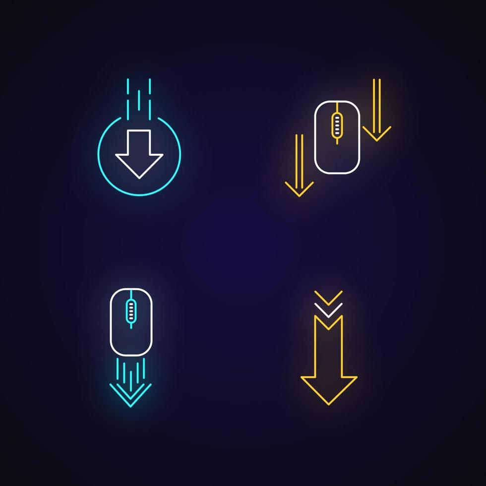 ratón de computadora y puntas de flecha, luz de neón, conjunto de iconos vector