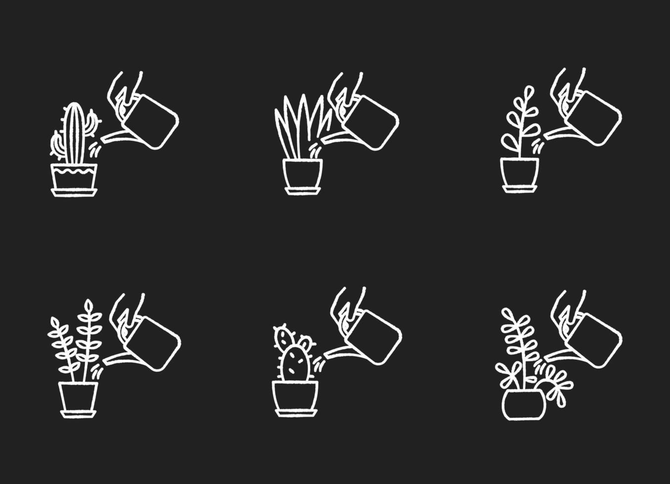 Iconos de tiza blanca de cuidado de plantas de interior en fondo negro vector
