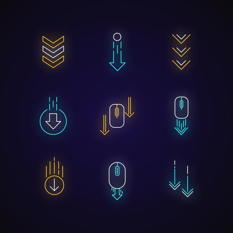 Scrolling down arrows neon light icons set vector
