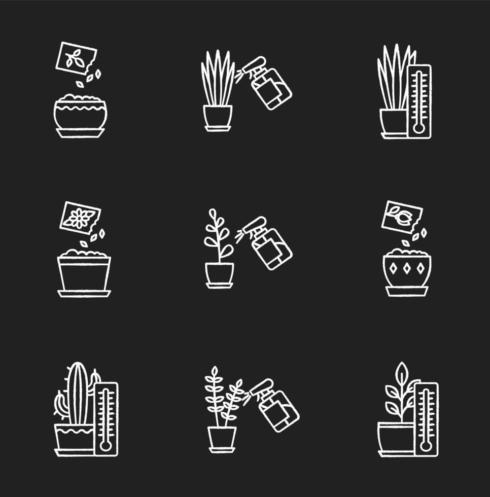 Houseplant care chalk white icons set on black background vector