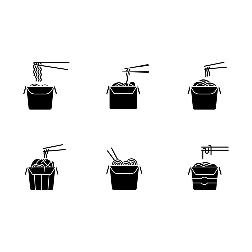 Take away noodles black glyph icons set on white space vector