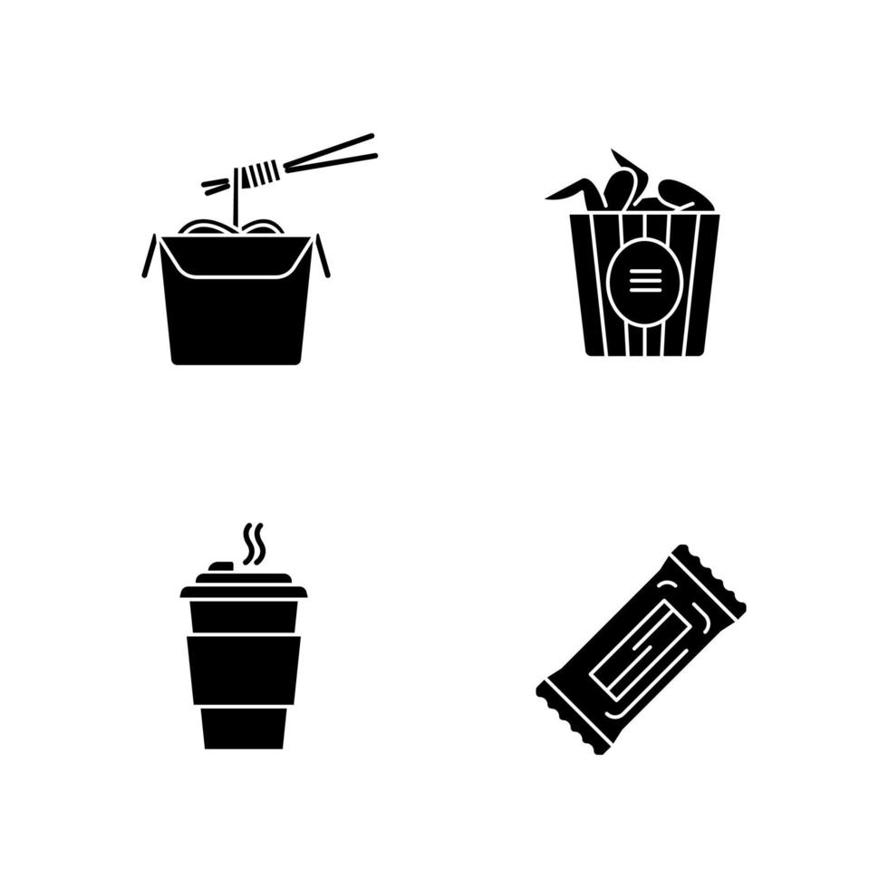 Takeaway food black glyph icons set on white space vector