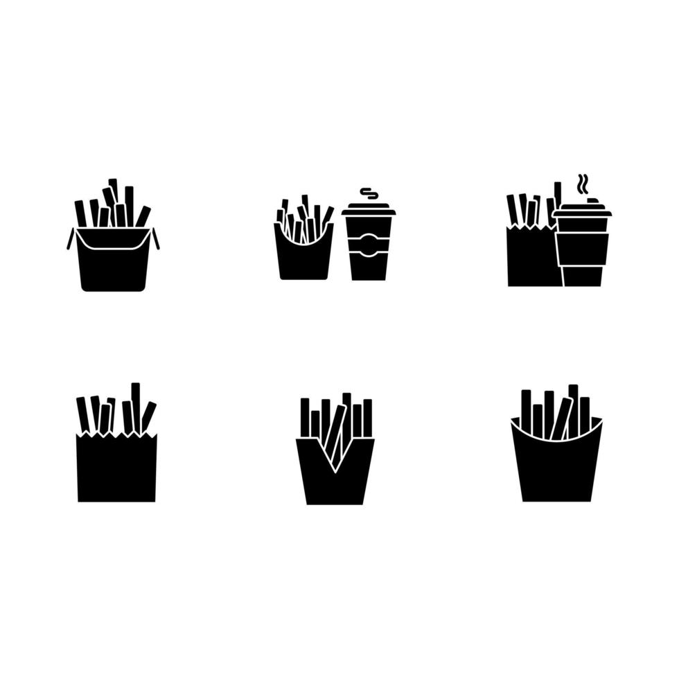 papas fritas, negro, glifo, iconos, conjunto, blanco, espacio vector