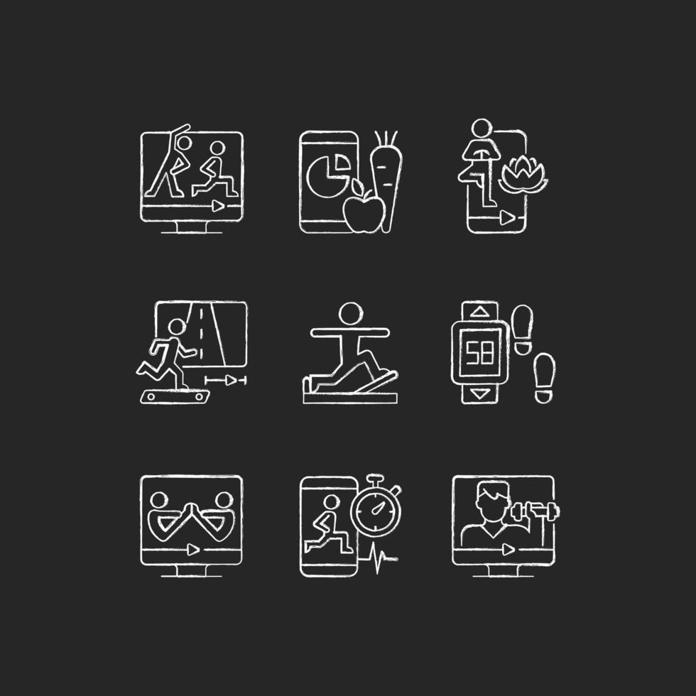 Clases de fitness en línea iconos de tiza blanca sobre fondo oscuro. vector