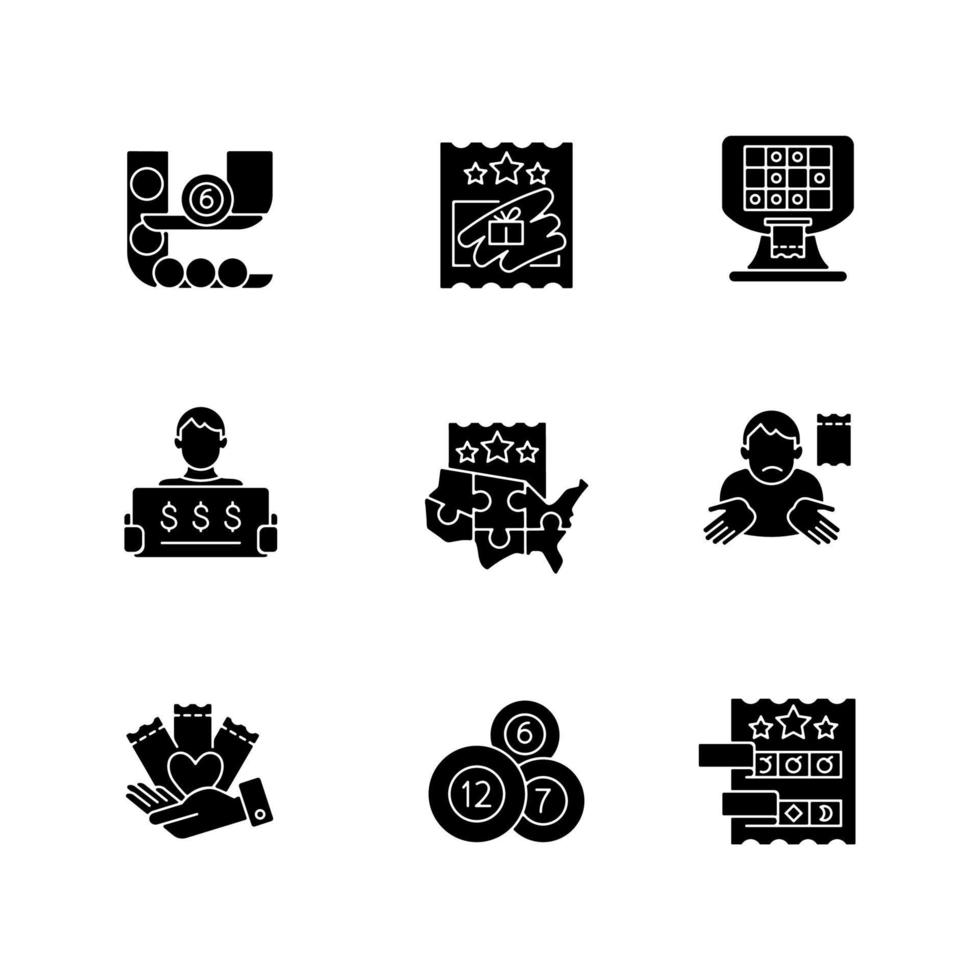 Lottery games types black glyph icons set on white space vector