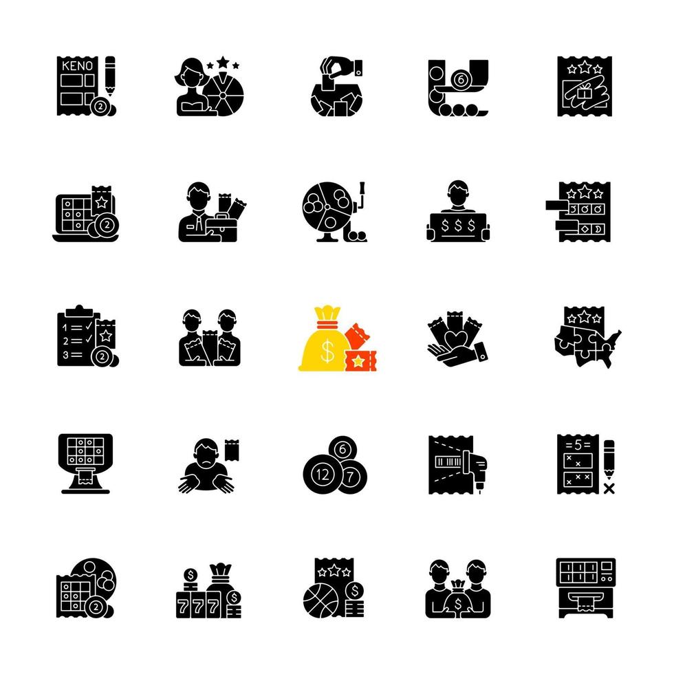 Lottery types black glyph icons set on white space vector