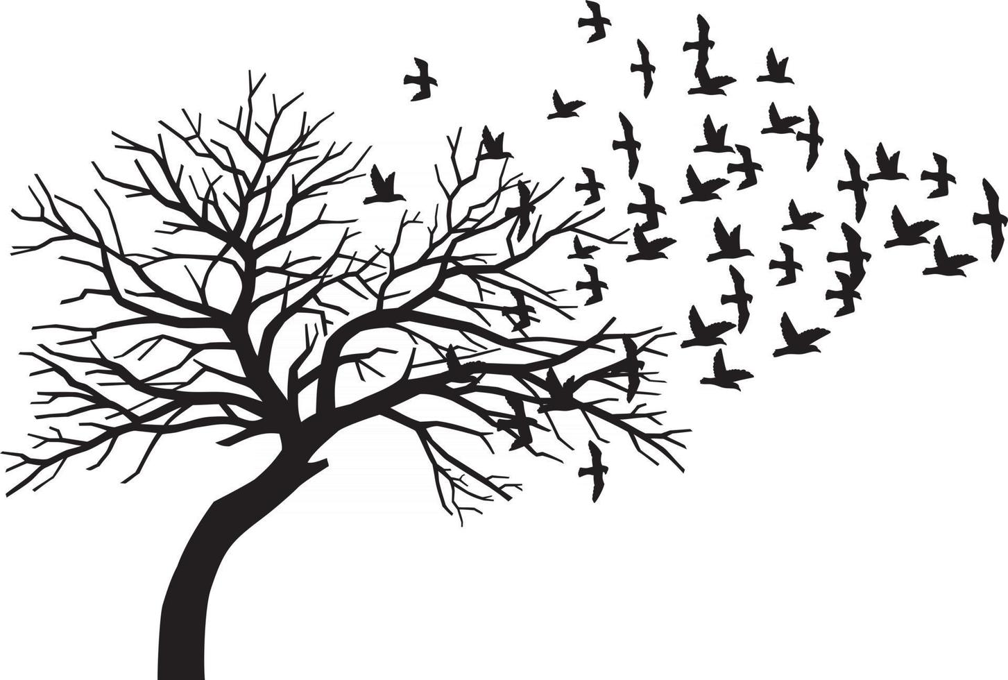Scary Bare Black Tree Silhouette and Flock of Flying Birds vector