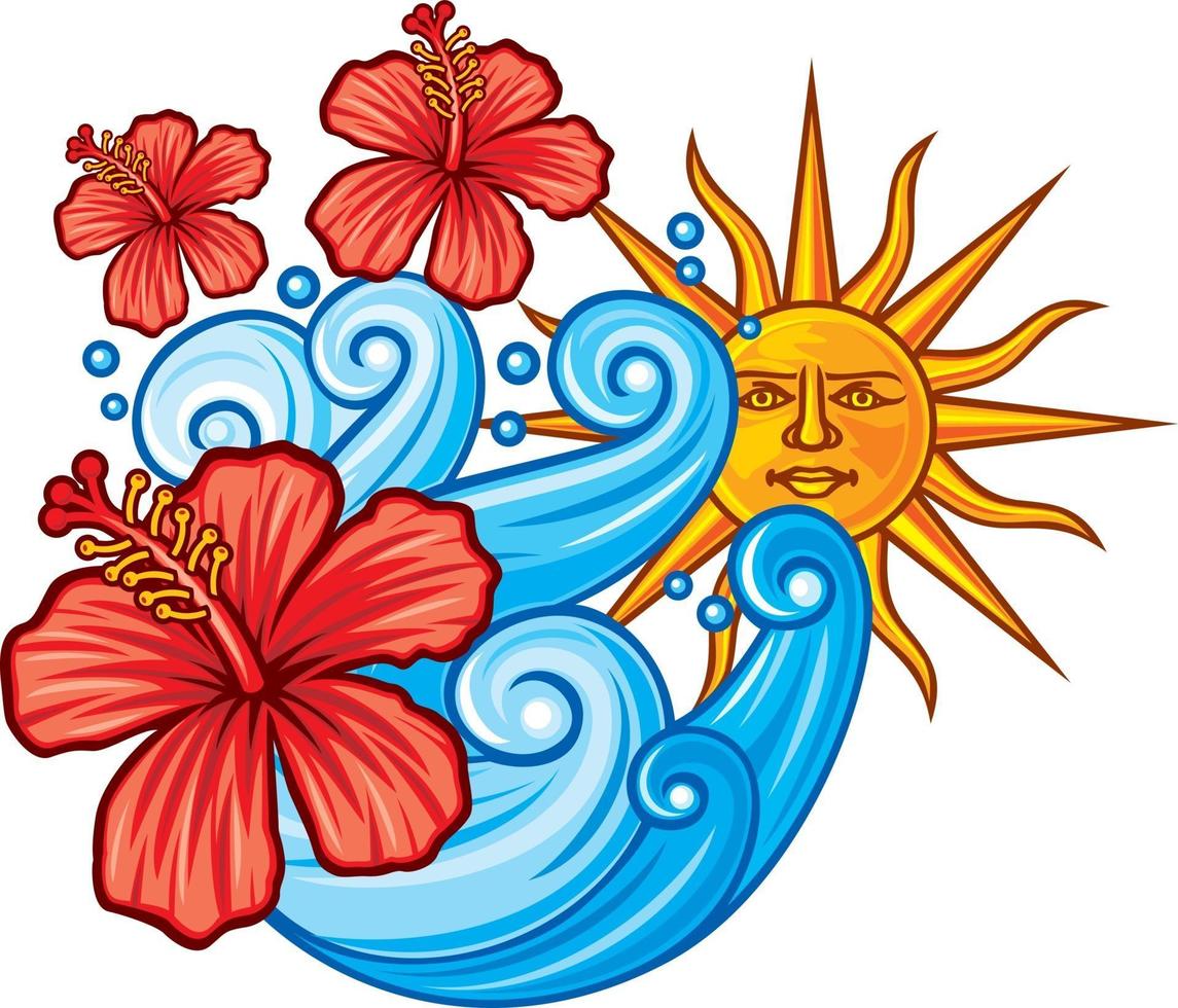 Red Hibiscus Flower Sea Wave and Sun vector