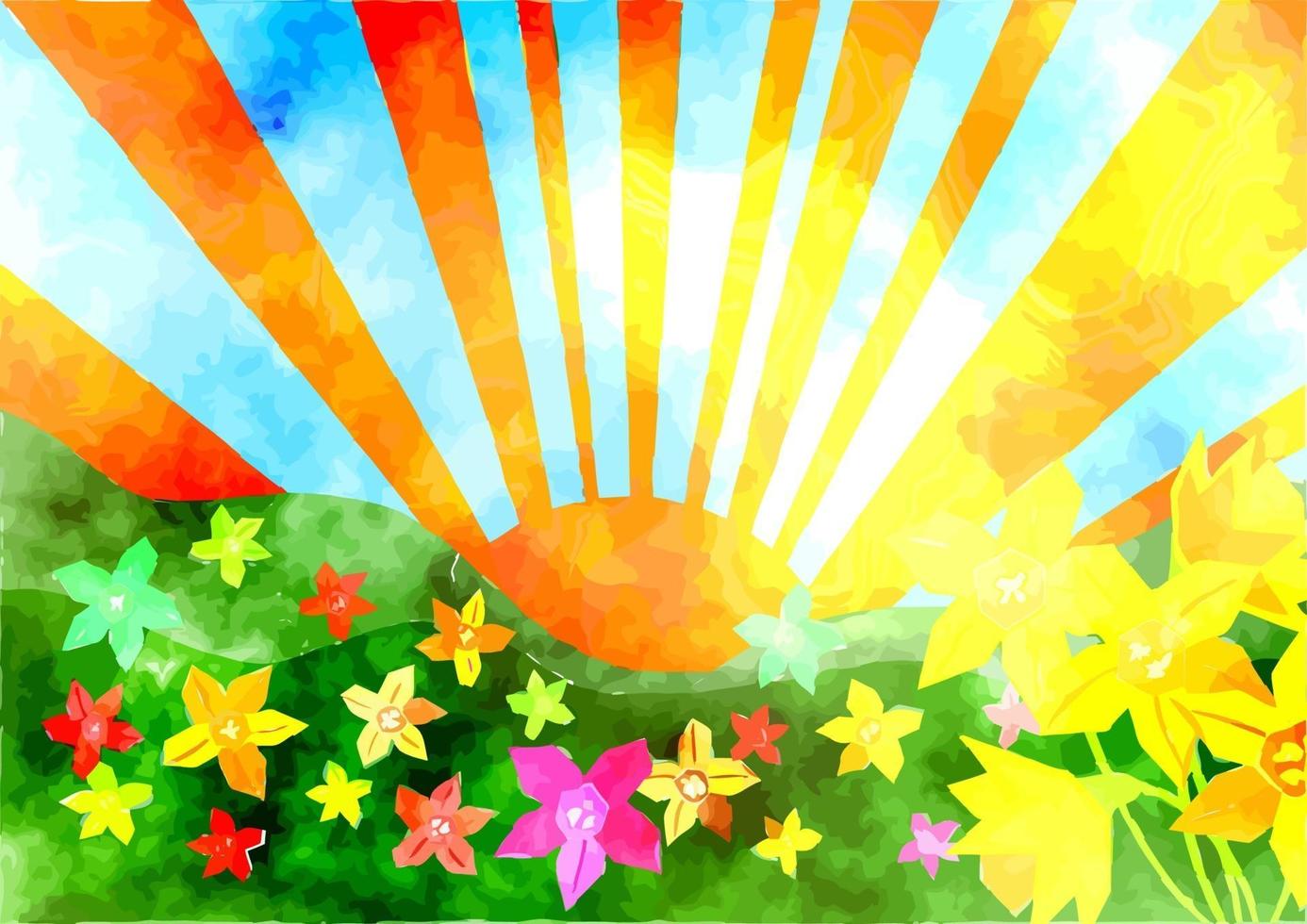 Watercolor Spring Sunrise Landscape vector