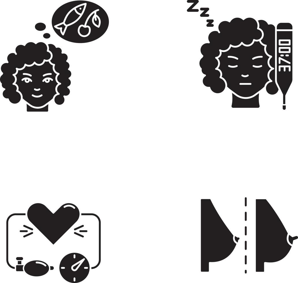 Early pregnancy symptom black glyph icons set on white space vector
