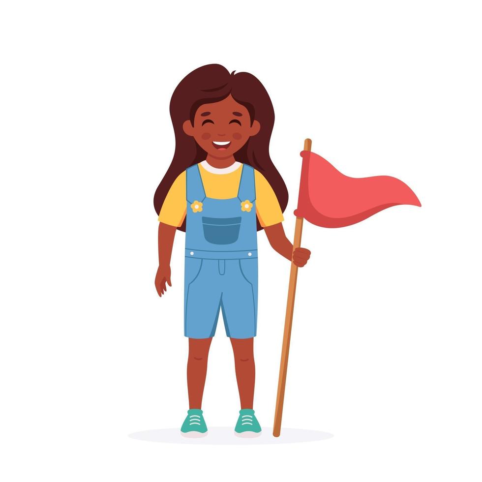 chica negra con bandera de campamento. niña exploradora. camping, campamento de verano para niños vector