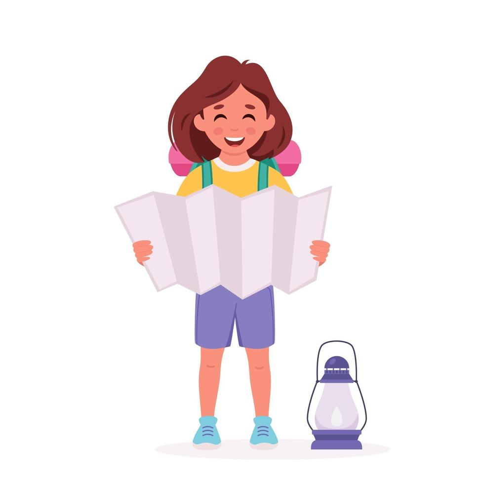 niña exploradora con mochila y mapa. camping, campamento de verano para niños. vector