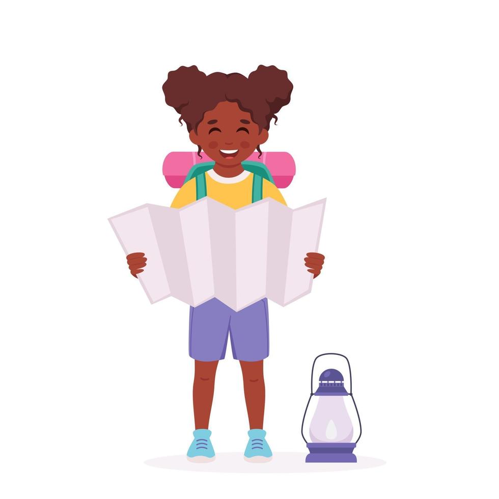 niña exploradora negra con mapa, mochila. camping, campamento de verano para niños vector