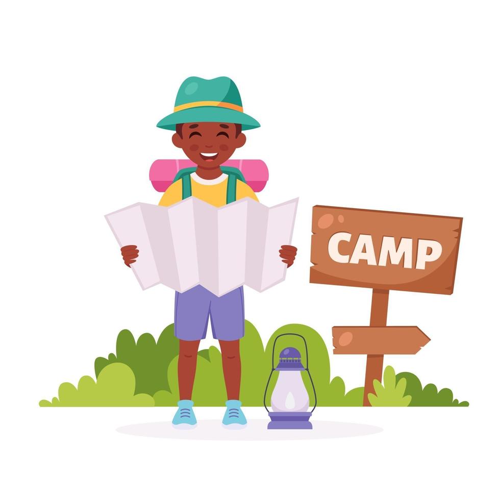 boy scout negro con mapa, mochila. camping, campamento de verano para niños. vector