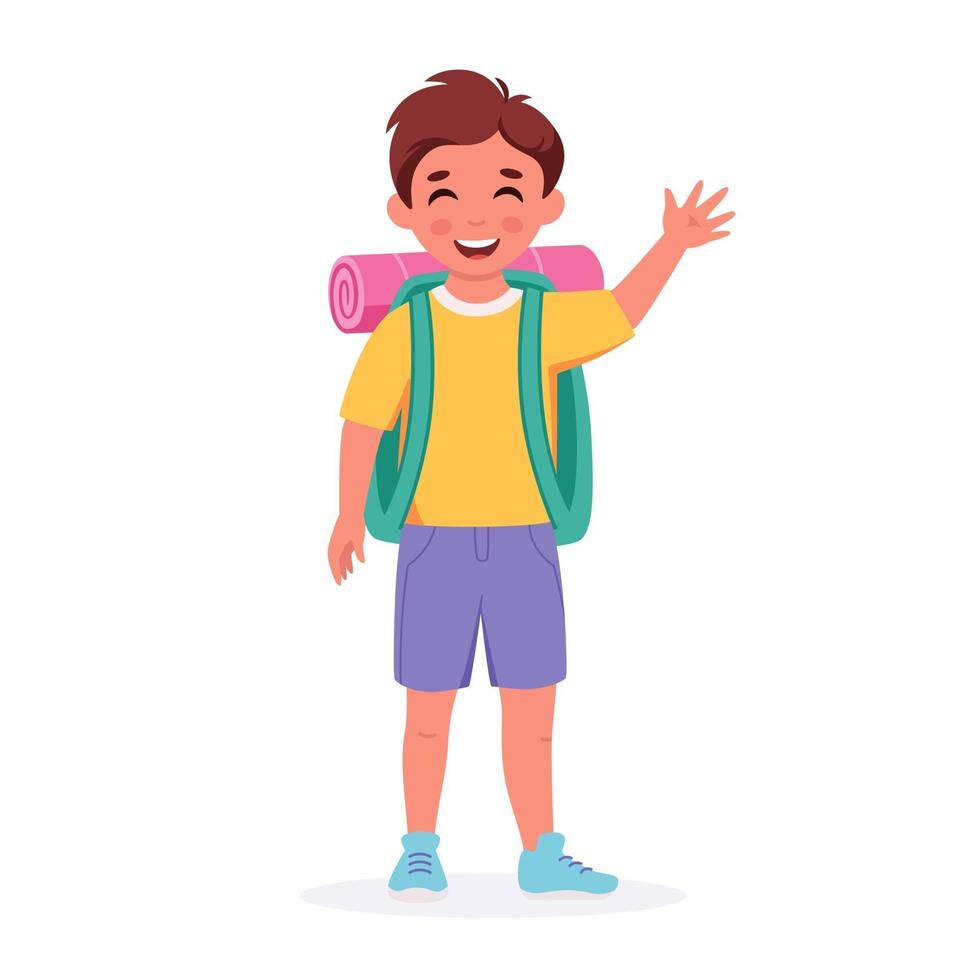 Little boy scout with backpack going to the camp. Summer kids camp. vector