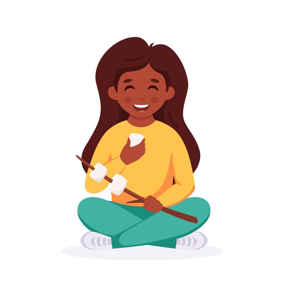 Black girl with marshmallow. Girl scout. Camping, summer kids camp vector