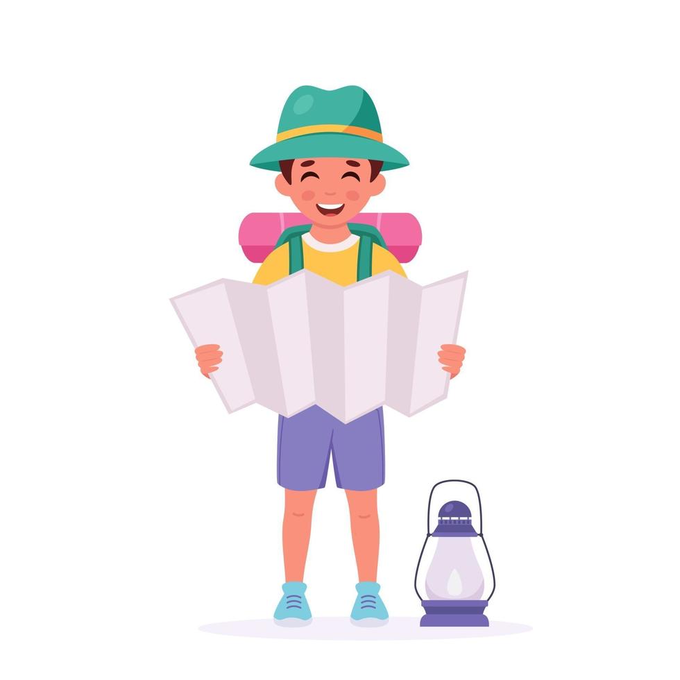 niño explorador con mapa, mochila. camping, campamento de verano para niños. vector