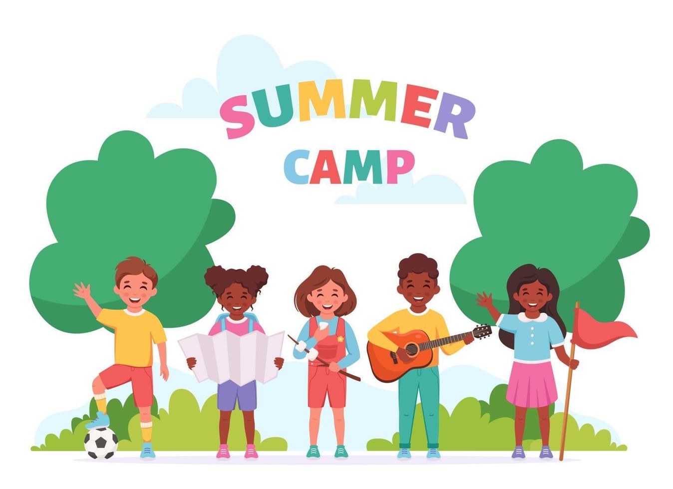 Summer kids camp. Children outdoor activity, camping and scouting vector