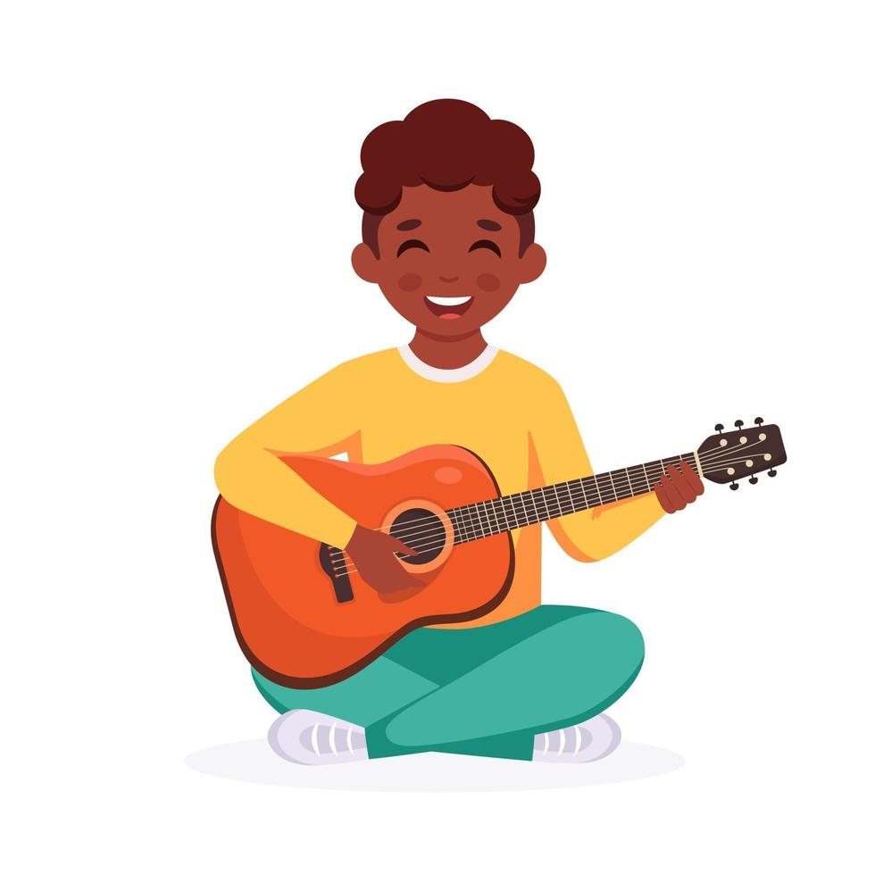 Little black boy playing guitar. Child playing musical instrument. vector